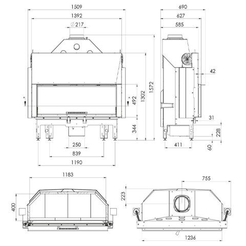 Каминная топка Aston «Konsul 25.1200 Lift» (Ø250 мм) - чертёж топки