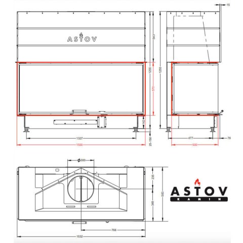 Каминная топка «Astov» П3С 15057 с шибером (Ø300 мм) темная керамика - чертёж топки