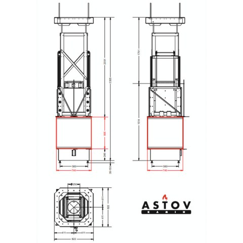 Каминная топка «Astov» П4С 8070 (Ø250 мм) - чертёж топки