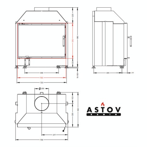 Каминная топка «Astov» ПС 700 без шибера (Ø200 мм) шамот - чертёж топки