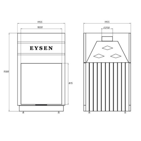 Каминная топка «Eysen» Racha 1020P (Ø250 мм) - чертёж топки