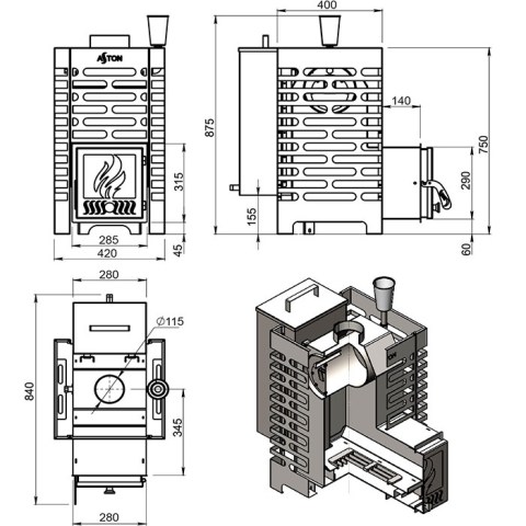 Печь для бани Aston 16 INOX «АКВА» Ø115мм - чертёж печи