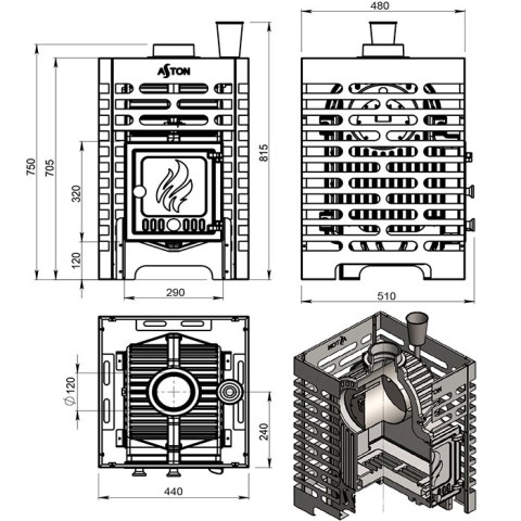 Печь для бани Aston «Шторм 16» (ДТ-4) б/в (Ø120мм) - чертёж печи