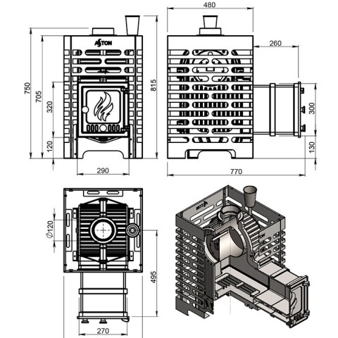 Печь для бани Aston «Шторм 16» (ДТ-4) Long (Ø120мм) - чертёж печи