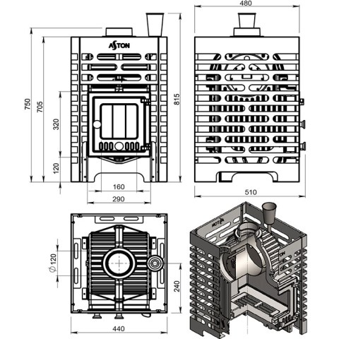 Печь для бани Aston «Шторм 16» (ДТ-4С) б/в (Ø120мм) - чертёж печи