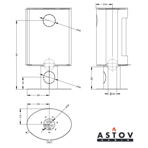 Печь-камин «Astov» Oval 600 (сталь) крышка из камня Песчаник (основание ноги из камня Песчаник) - чертёж печи-камина