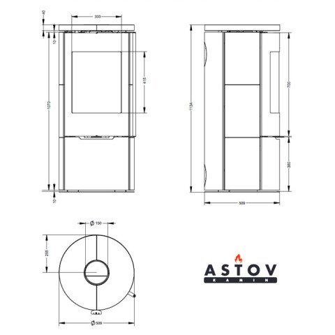 Печь-камин «Astov» R1.0 K круглая (камень Песчаник) 5кВт (125м3) Ø150мм (ручка длинная черная) - чертёж печи-камина