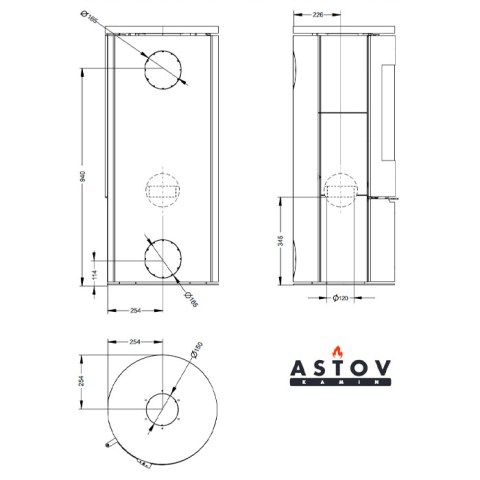 Печь-камин «Astov» R1.0 K круглая (камень Песчаник) 5кВт (125м3) Ø150мм (ручка длинная черная) - чертёж печи-камина