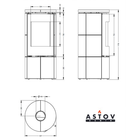 Печь-камин «Astov» R1.0 K MAX круглая (камень Песчаник) 5кВт (125м3) Ø150мм - чертёж печи-камина