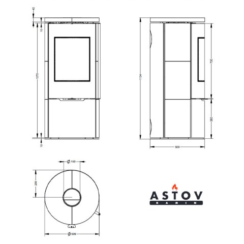 Печь-камин «Astov» R1.0 K plus круглая (камень Песчаник) 5кВт (125м3) Ø150мм (ручка короткая) радиусное стекло - чертёж печи-камина