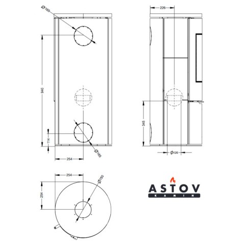Печь-камин «Astov» R1.0 K plus круглая (камень Песчаник) 5кВт (125м3) Ø150мм (ручка короткая) радиусное стекло - чертёж печи-камина