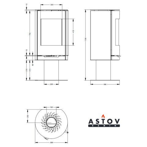 Печь-камин «Astov» R1 N (на ножке сталь) 5кВт (на крышке Песчаник) 125м3 (ручка нержавейка) - чертёж печи-камина