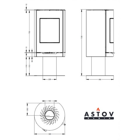 Печь-камин «Astov» R1 N plus (на ножке сталь) 5кВт (на крышке Песчаник) 125м3 (ручка длинная серая) радиусное стекло - чертёж печи-камина